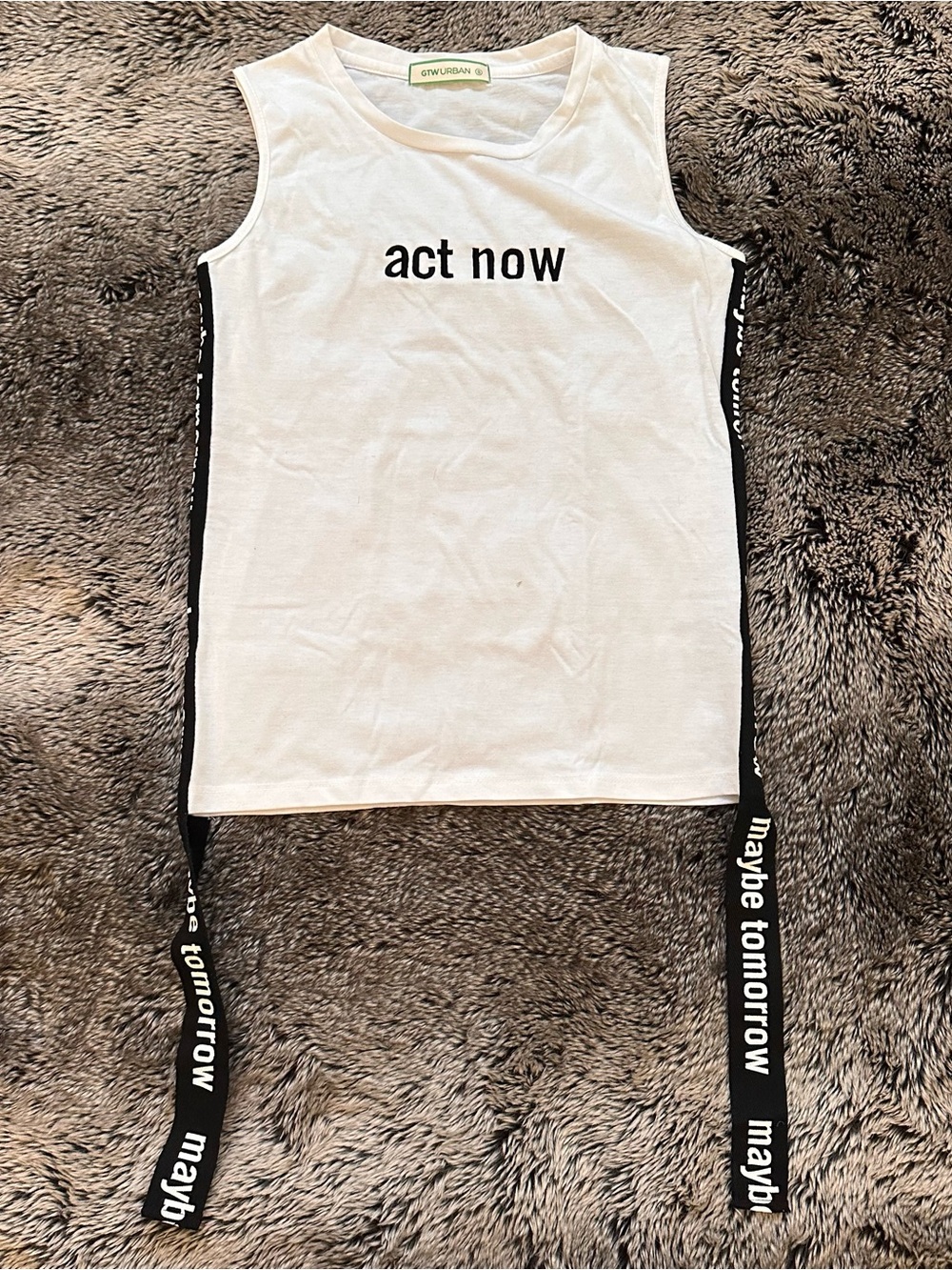 White Tank Top with Black Side Ribbon Text